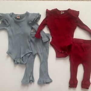 Ribbed Baby Bodysuit and Pants Set in Blue and Red Shein 3M